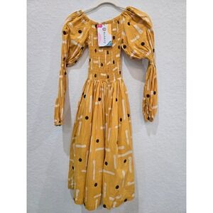 BUSAYO Orange Smocked Puff Sleeve Midi Dress Abstract Print XS